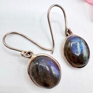 Labradorite Cabochon Silver Bezel Set Dangle Earrings Acid Tested Dainty Flash